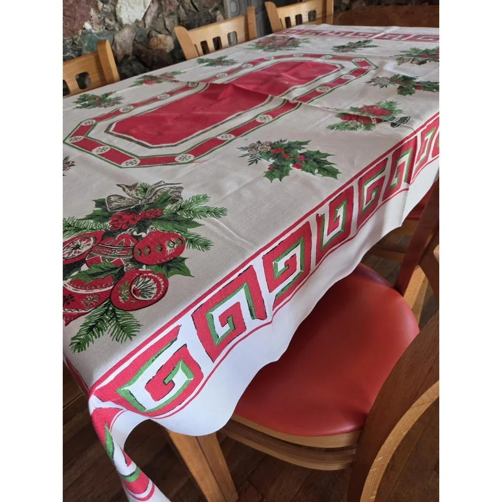 Vintage Christmas Tablecloth MCM 52x68 Retro Some Minor Flaws See Pics